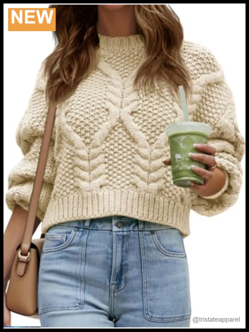 Womens Cable Knit Cropped Sweater Chunky Puff Long Sleeve Crewneck Pullover